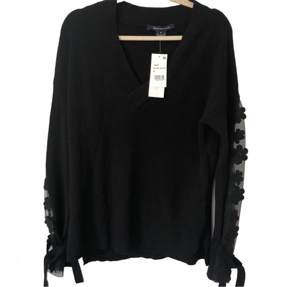 French Connection Caballo floral lace sleeve sweater black knit coquette bow M - Picture 2 of 13